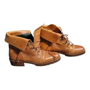 Joan & David Lace-Up Leather Ankle Boots Fold Over Cuff Brown Women’s Sz 6.5 US
